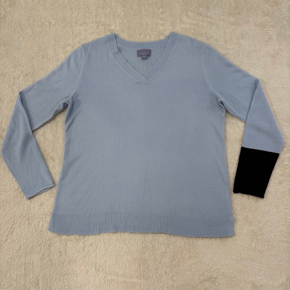 Laura Scott Womens L Blue Black Colorblock V Neck Pullover Sweater Soft Preppy